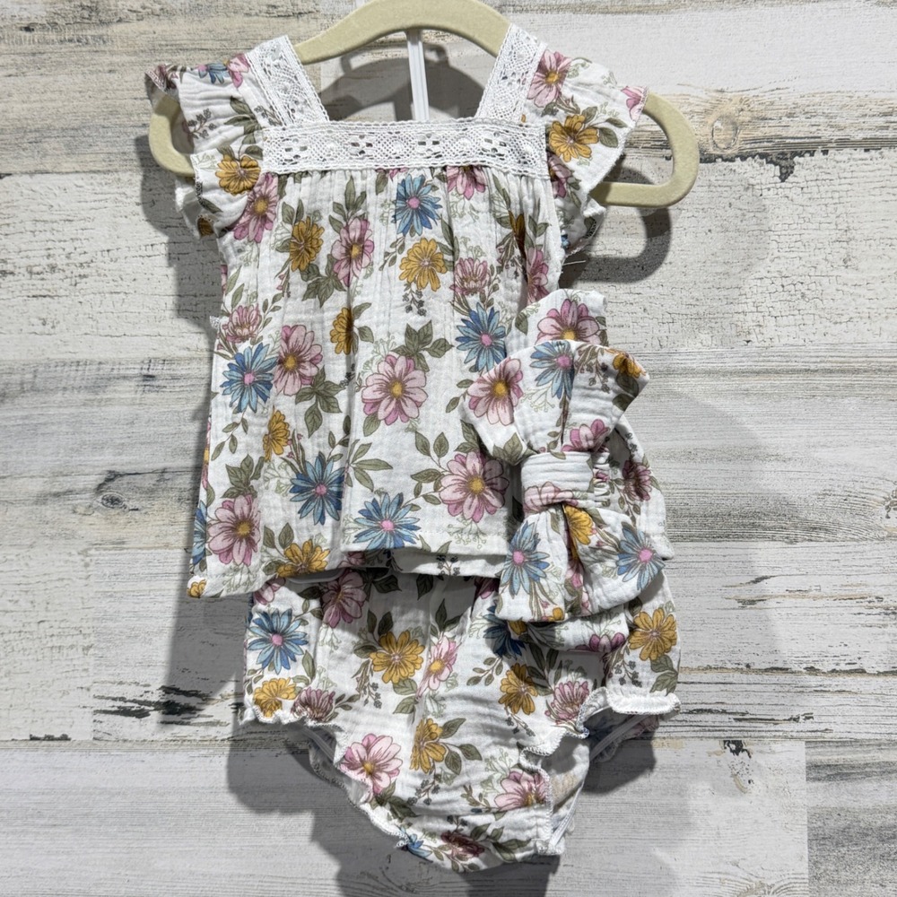 Chickpea Organic 3pc Set Girls 3-6M White Floral Gauze Cottagecore NWT